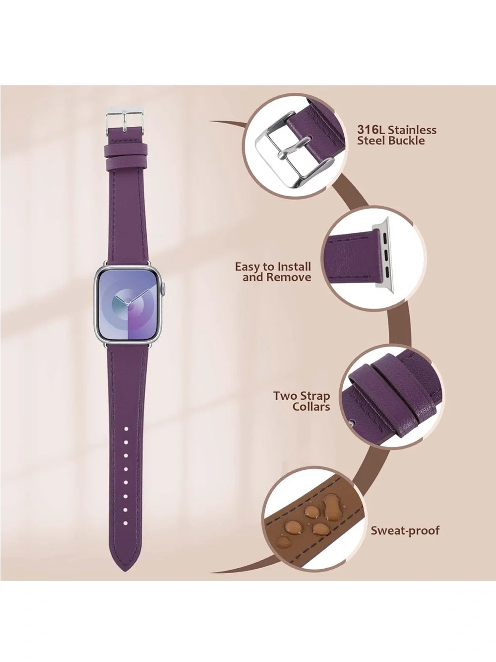 Smartwatch Band GENUINE SOFT ITALIAN LEATHER PURPLE Men’s Women’s